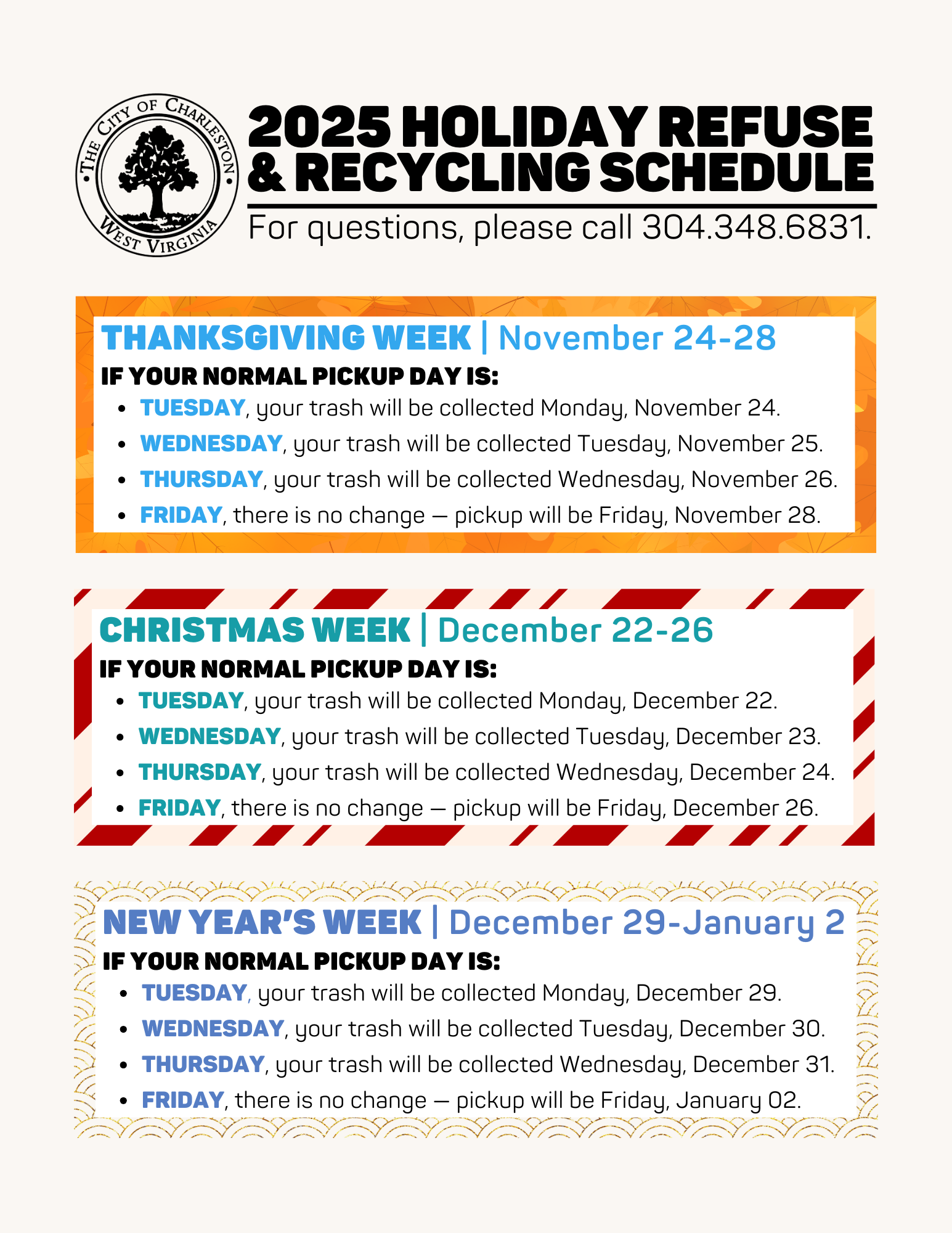 2025 Holiday Refuse and Recycling Schedule Flyer that includes the schedule information included in the press release