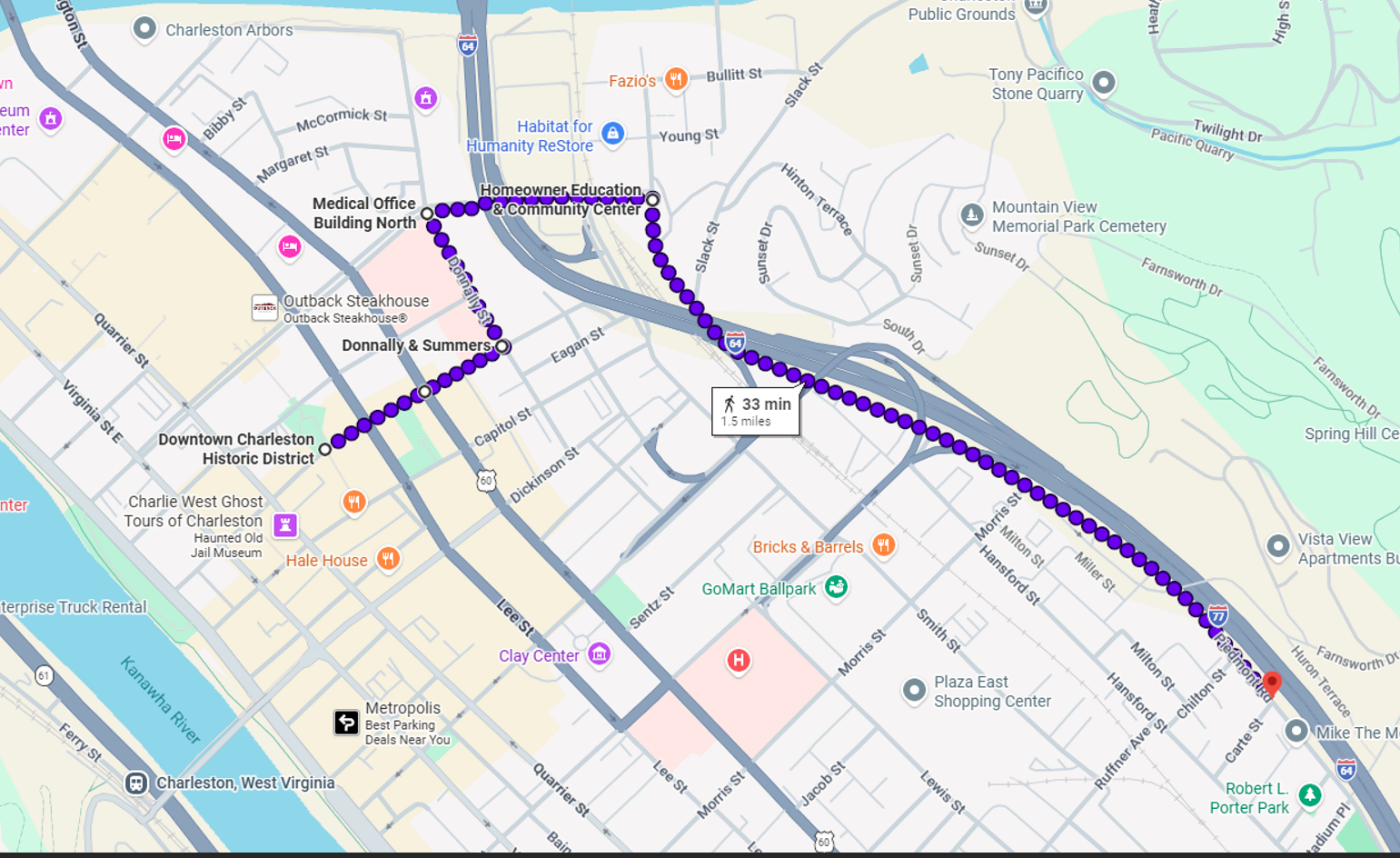 Shows race route which includes Summers St to Donnally St to Court St to Piedmont Road 