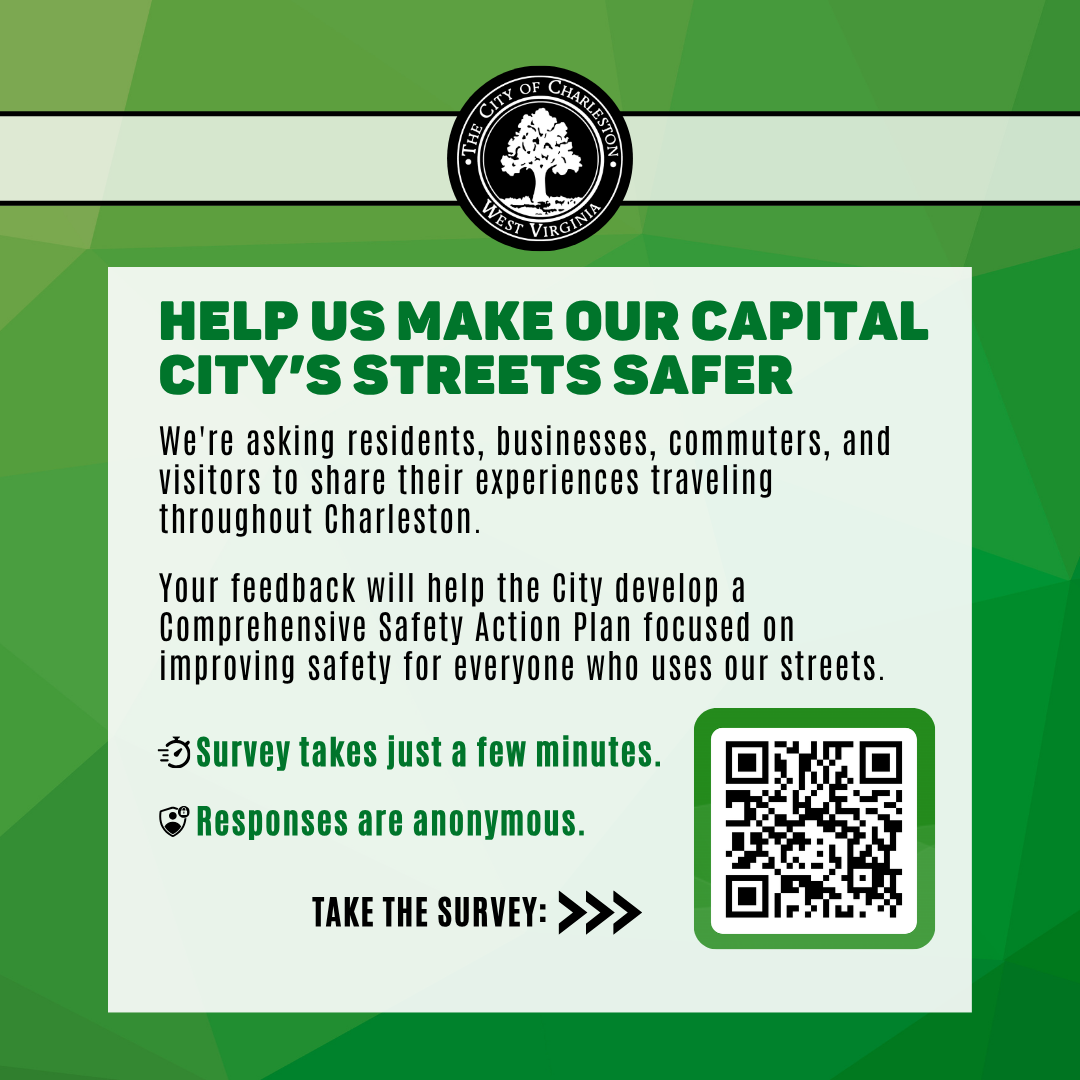 this is a graphic that supports the press release asking residents, businesses, communters, and visitors to share their experiences traveling through Charleston. The survey takes just a few minutes. Responses are anonymous. The QR Code links to the survey.